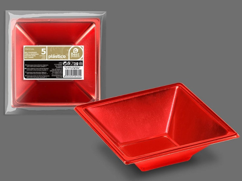 Bol cuadrado rojo brillo 12x12x4cm 5uds.