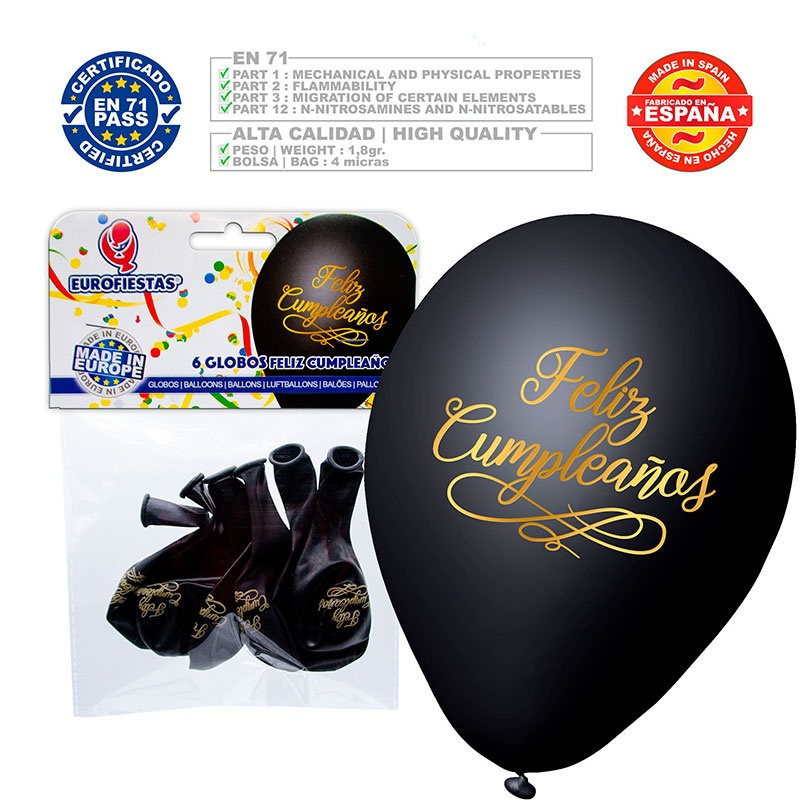 Globos Feliz Cumple negro/oro 6 uds