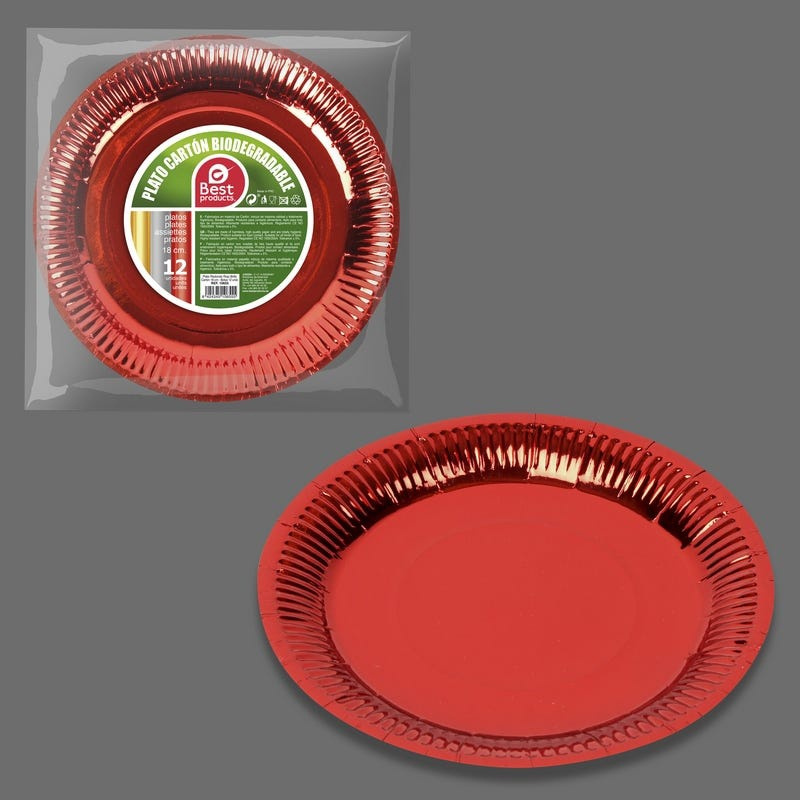 12 Platos cartón Biodegradable Rojo18cm