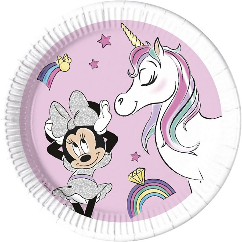 8 Platos Minnie Unicornio desechables