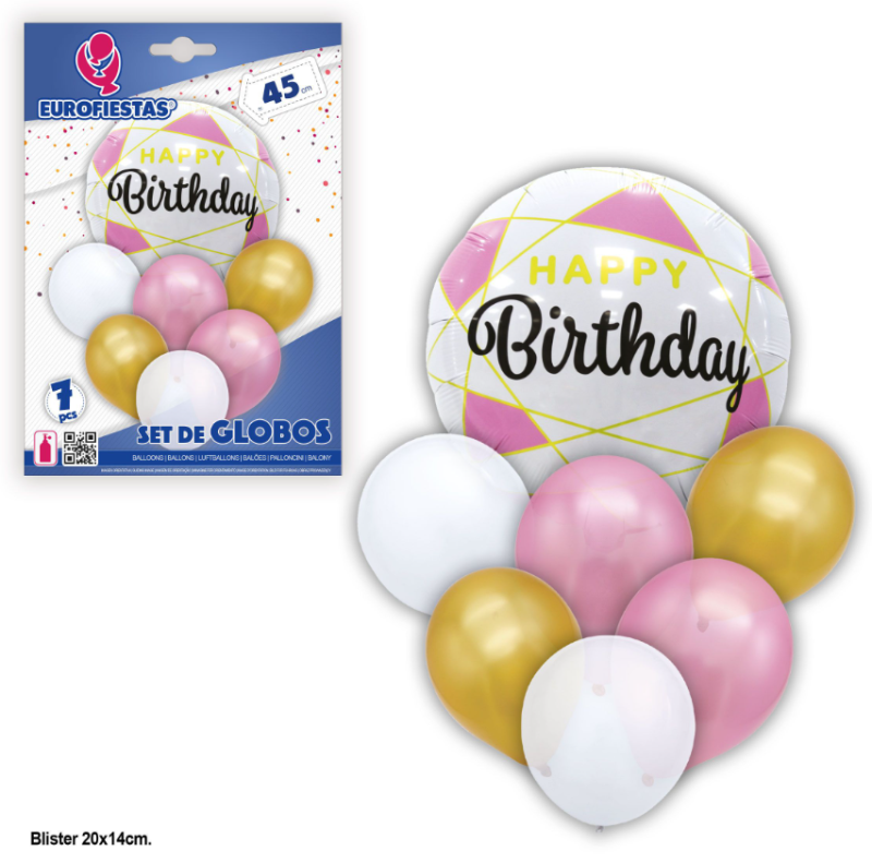 Set Globos Happy Oro y Rosa