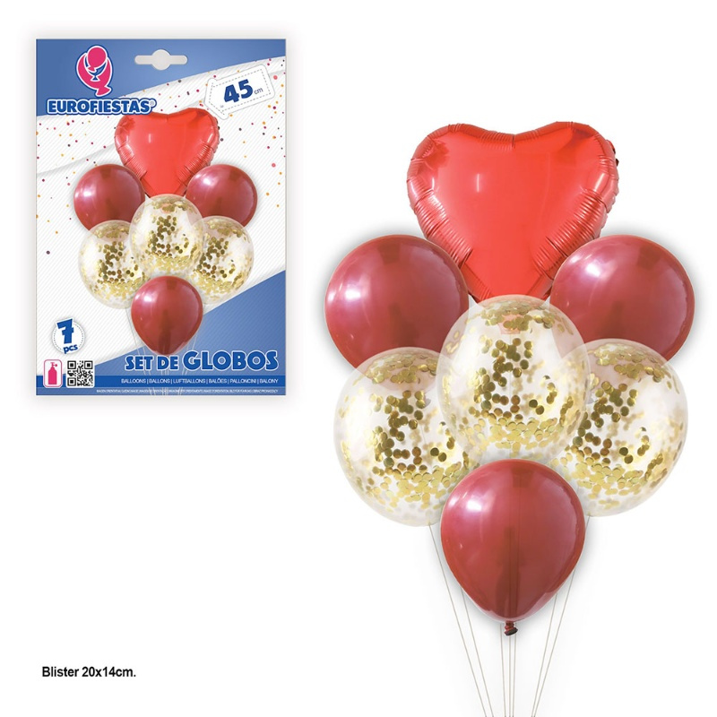 Set globos corazón y confeti oro