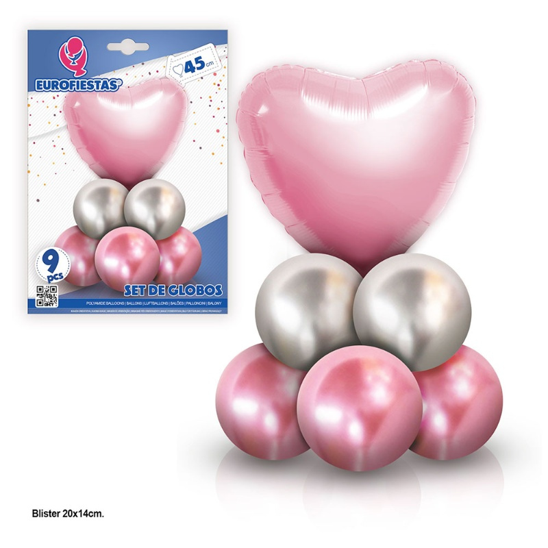 Set 8 Globos cromo con corazon pol.rosa