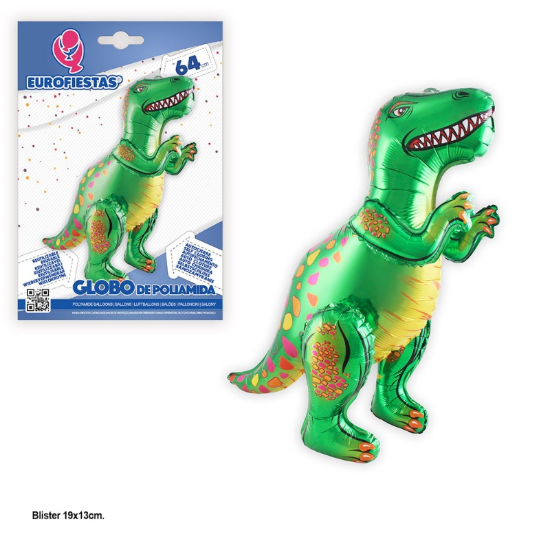 Globo foil dinosaurio de pie verde 64 cm