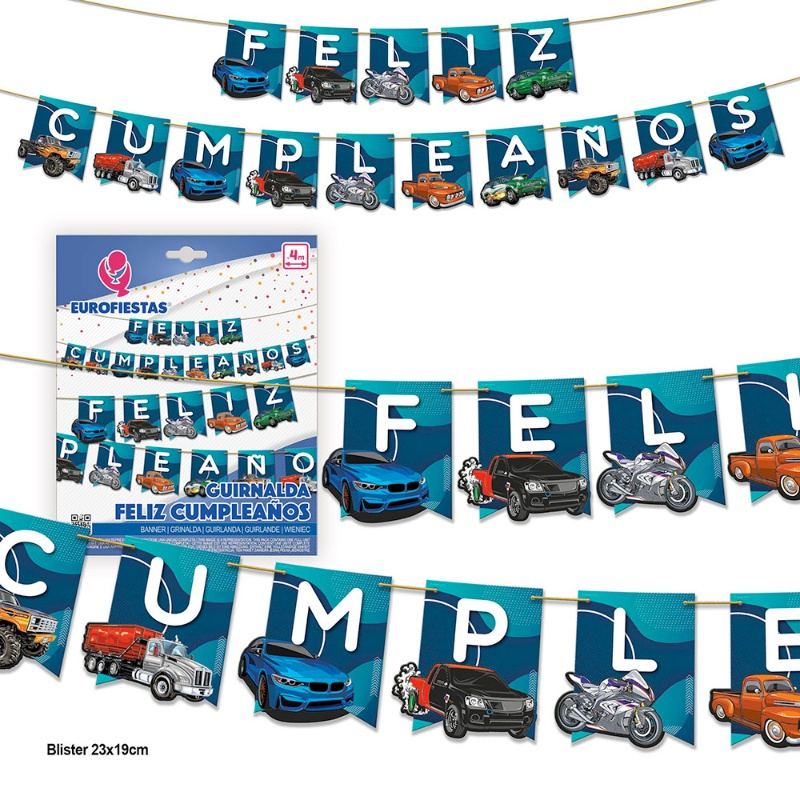 Guirnalda banderines Feliz cumple coches