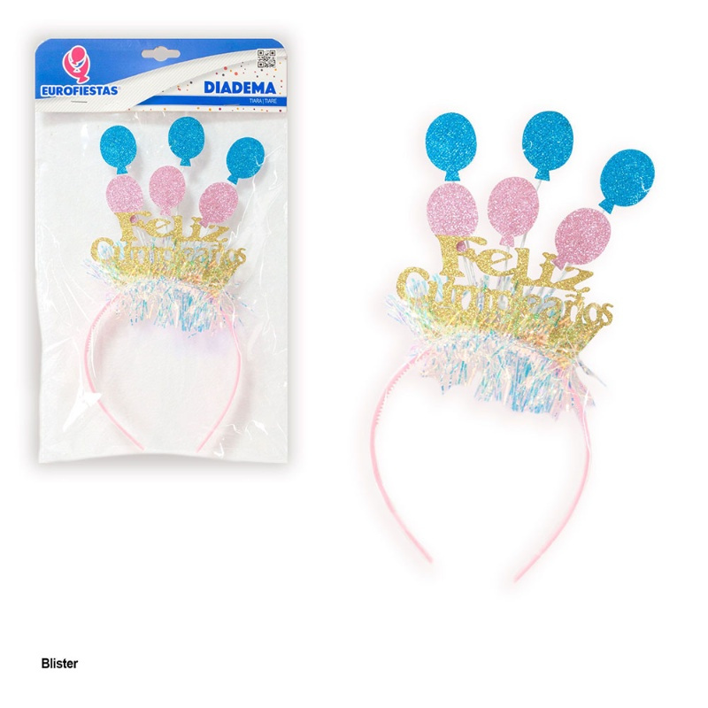 Diadema H.Birthday globos azul y rosa