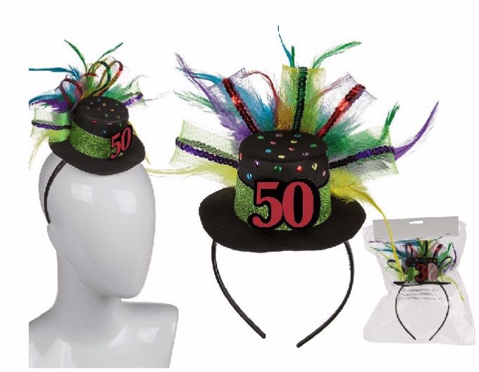 Diadema pvc con gorro 50 y plumas