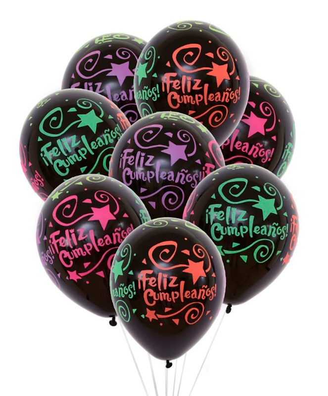 Globos látex negro 8uds. 30cms. fluor