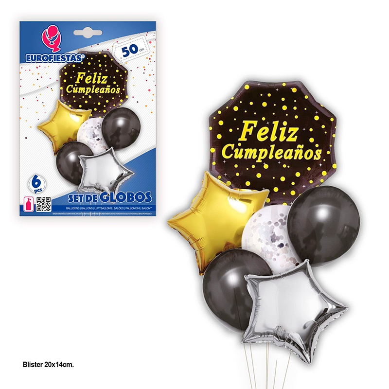 Set Globos Feliz Cumple hexag.negro