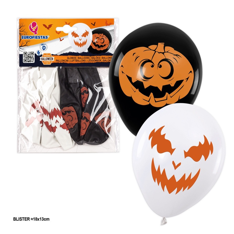 6 Globos Halloween blanco y negro serig.