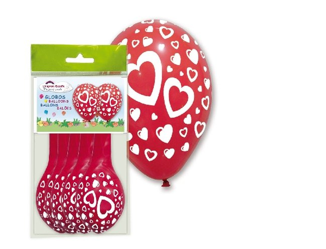 Blister 5 globos látex corazones 30 cms.