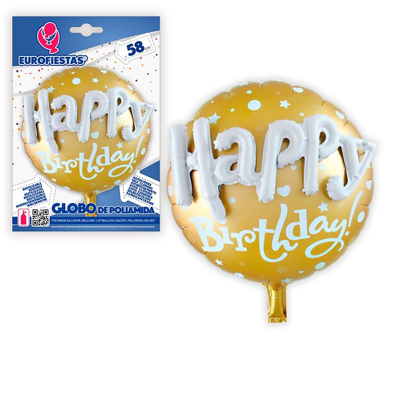 Globo Foil 3D Happy Birthay Oro 58cm