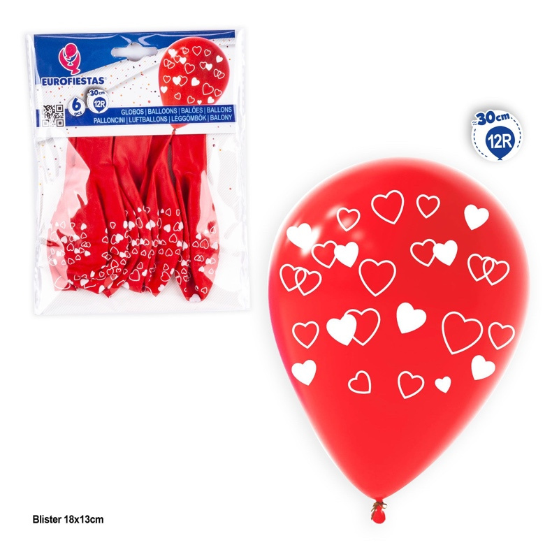 6 globos látex  rojos corazones 12R