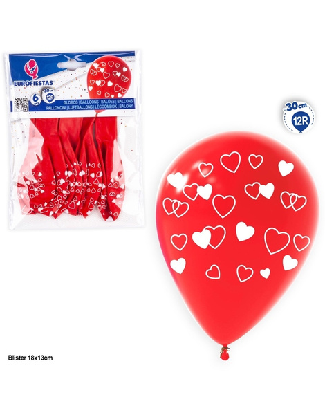 6 globos látex  rojos corazones 12R