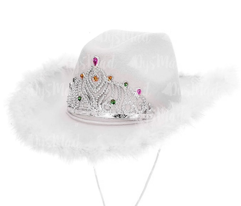 Sombrero Cowboy blanco con boa y corona