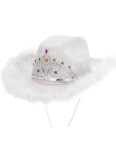 Sombrero Cowboy blanco con boa y corona